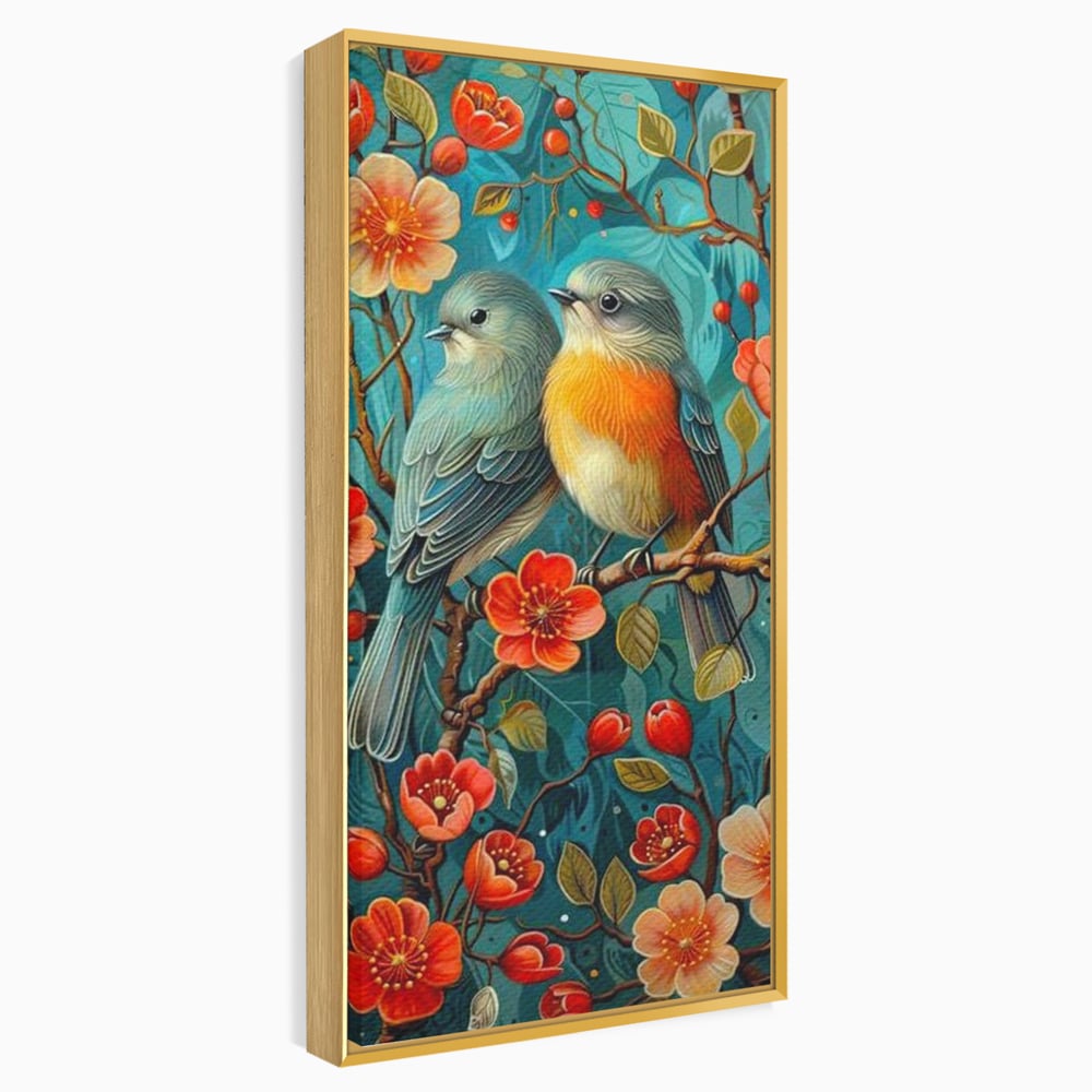 Tablou canvas cu tablou canvas cu pasari pe creanga, in rama de aluminiu auriu
